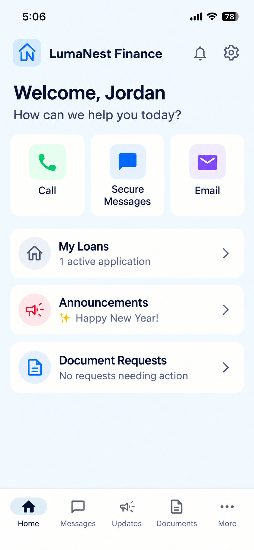 BrokerRelay client app home with sample name Jordan and fictional LumaNest Finance branding, showing Call, Secure Messages, Email, My Loans, Announcements and Document Requests
